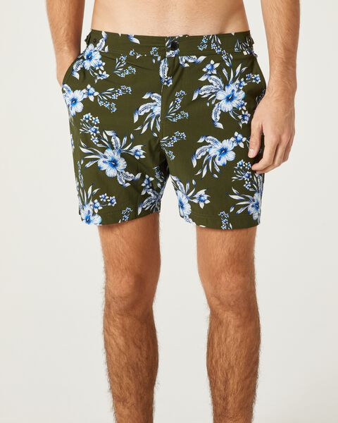 Mens Khaki/Blue Print Stretch Swim Short